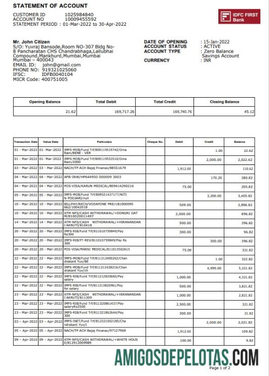 Modelo de primeiro extrato bancário do IDFC da Índia para download, formato Word e PDF, 2 páginas